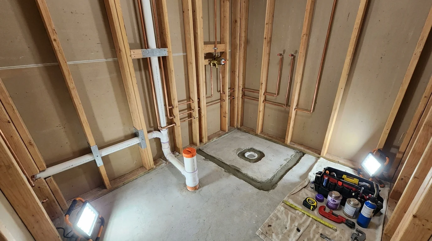 Bathroom rough-in plumbing during remodel by Johns Plumbing LLC in Glen Head