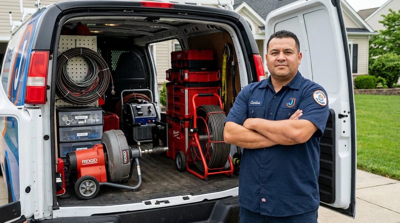 Professional drain cleaning equipment and Johns Plumbing LLC plumber in Glen Head