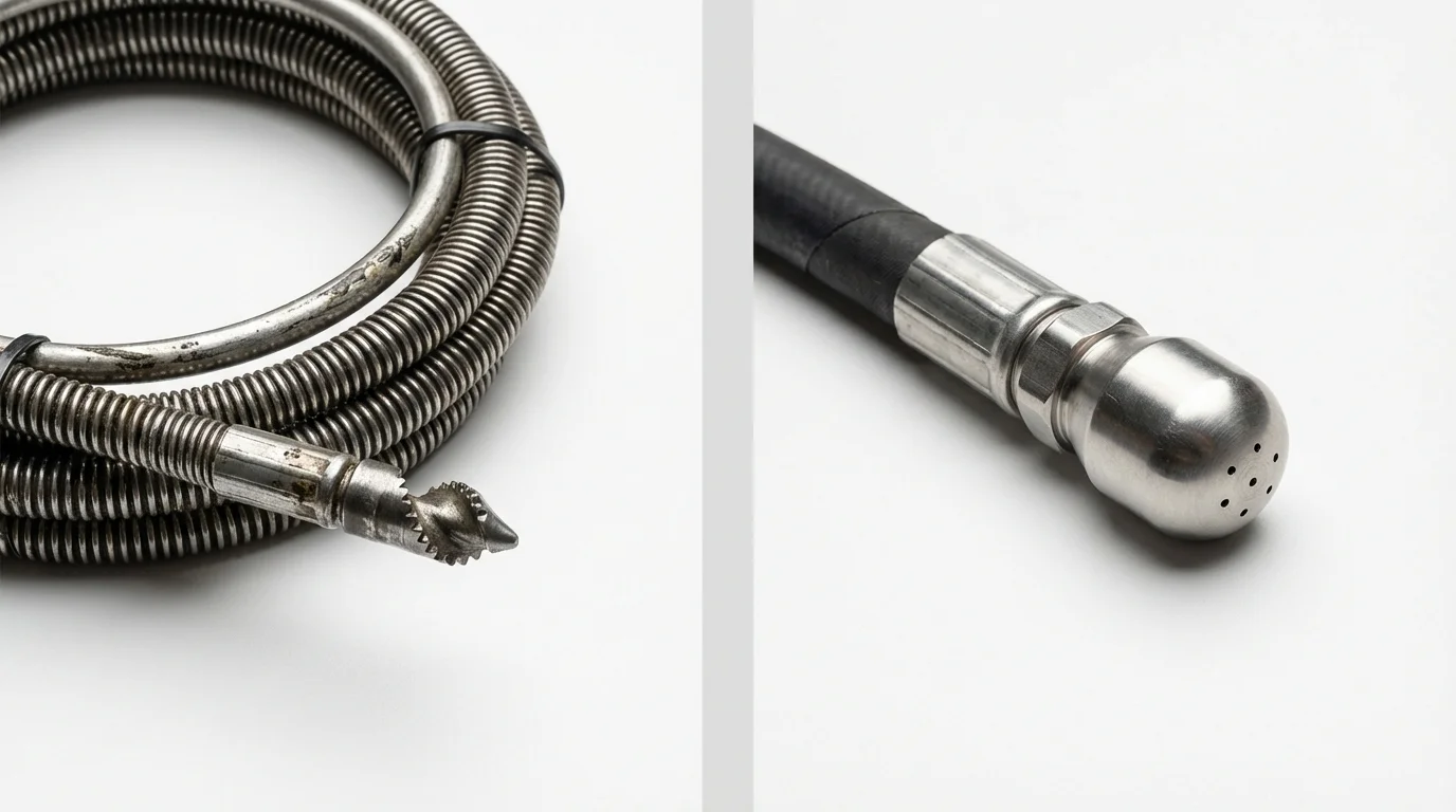 Drain snake cable and hydro jetting nozzle used for drain cleaning in Glen Head, NY