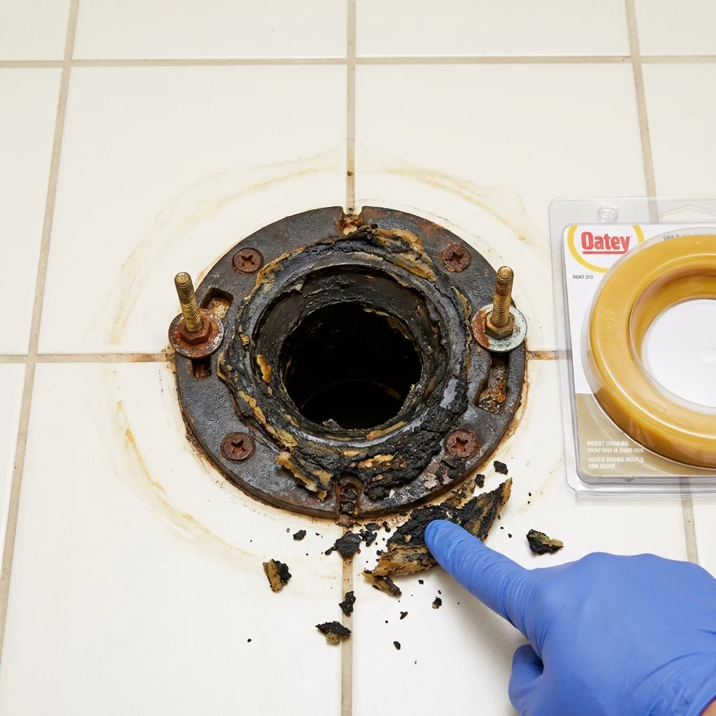 Failed wax ring showing water seepage at the base of a toilet in a Glen Head, NY home