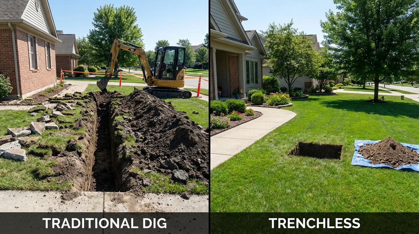 Trenchless sewer repair with minimal yard damage versus traditional excavation in Glen Head, NY