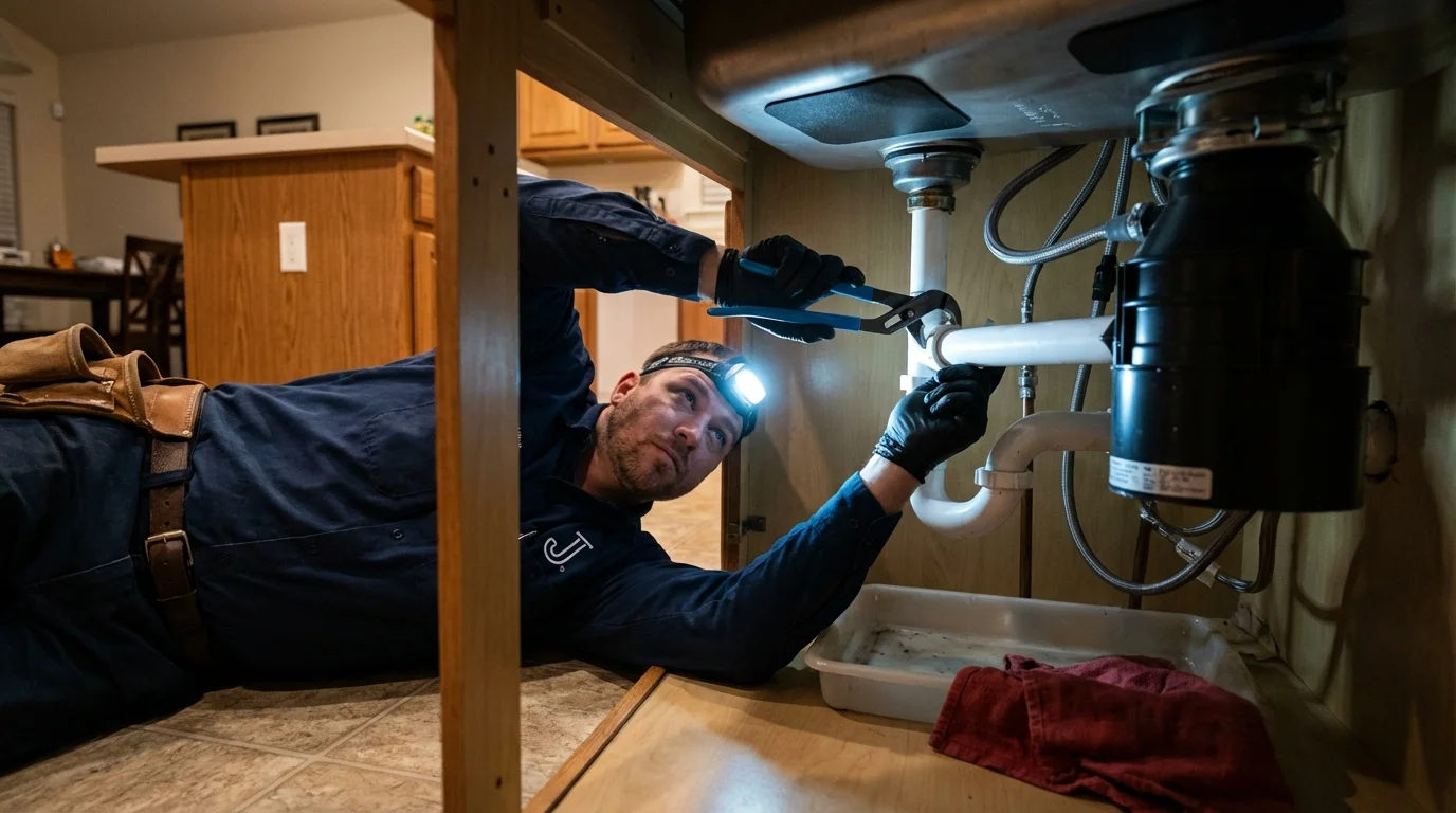 P-trap and supply line connections under a kitchen sink showing a common leak point in Glen Head, NY